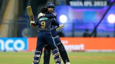 Tewatia and Rashid put on 59 off 24 balls to lead GT to victory. (PTI) Tewatia and Rashid put on 59 off 24 balls to lead GT to victory. (PTI)