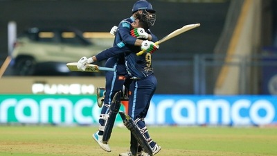 Rahul Tewatia and Rashid Khan of Gujarat Titans celebrate their win against Sunrisers Hyderabad (IPL)