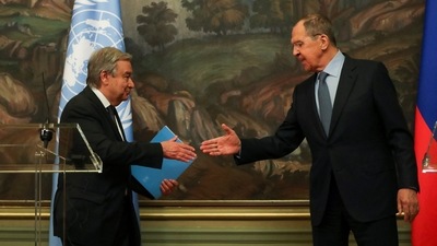 Russian Foreign Minister Sergei Lavrov and UN Secretary-General Antonio Guterres shake hands after their news conference in Moscow, Russia, Tuesday. (REUTERS)