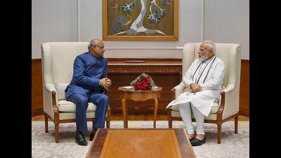 Jharkhand governor Ramesh Bais meets Prime Minister Narendra Modi in New Delhi on Wednesday . (PTI) Jharkhand governor Ramesh Bais meets Prime Minister Narendra Modi in New Delhi on Wednesday . (PTI)