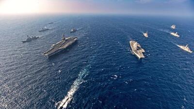 Aircraft carriers and warships of Quad countries participate in the second phase of Malabar naval exercise, a joint exercise comprising of India, US, Japan and Australia, in the Northern Arabian Sea in 2020 (AP/Indian Navy) Aircraft carriers and warships of Quad countries participate in the second phase of Malabar naval exercise, a joint exercise comprising of India, US, Japan and Australia, in the Northern Arabian Sea in 2020 (AP/Indian Navy)