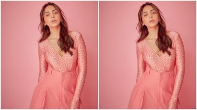 Rakul Preet went all out and donned this all-pink look from the shelves of the clothing line for Runway 34 promotions. (Instagram/@rakulpreet)