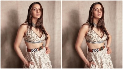 Rakul Preet earlier wore a contemporary neutral coloured lehenga set with floral embroidered motifs by JJ Valaya to a previous promotional event of Runway 34. (Instagram/@rakulpreet)