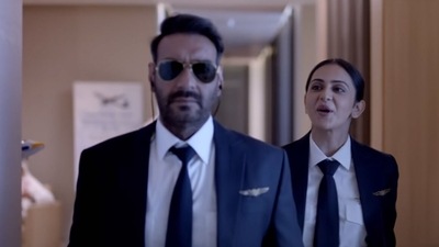 Ajay Devgn and Rakul Preet Singh in a still from Runway 34. Ajay Devgn and Rakul Preet Singh in a still from Runway 34.