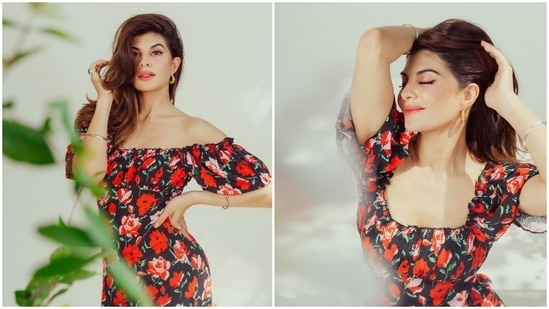 Jacqueline Fernandez elevated her summer fashion with this stunning black midi dress with red floral prints.(Instagram/@chandiniw)