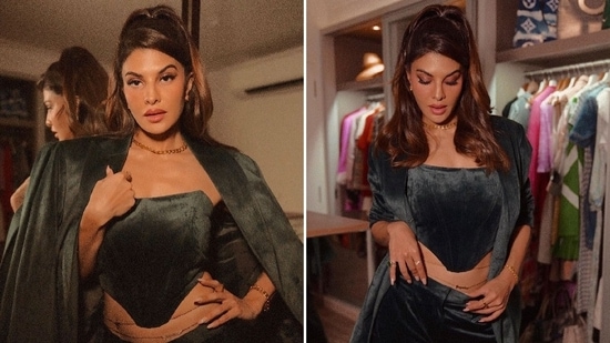 Jacqueline Fernandez loves dressing up and treating her fans with stylish photos of herself in gorgeous outfits. Needless to say, the actor magically nails all the attires she dons with a lot of poise and elegance. In these stills, the Attack actor can be seen acing vintage fashion in a velour set.(Instagram/@chandiniw)