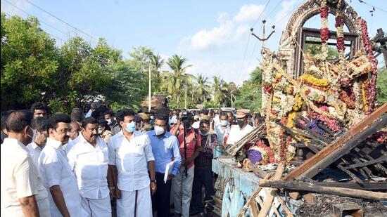 DMK leaders visit the mishap site at Kalimedu village, in Thanjavur on Wednesday. (DMK twitter)