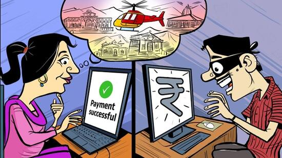 The accused contacted the Panchkula woman after she keyed in her details on a website on pretext of providing Char Dham chopper services. (Illustration: Biswajit Debnath/HT) The accused contacted the Panchkula woman after she keyed in her details on a website on pretext of providing Char Dham chopper services. (Illustration: Biswajit Debnath/HT)