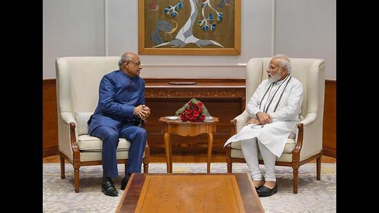 Jharkhand governor Ramesh Bais meets Prime Minister Narendra Modi in New Delhi on Wednesday . (PTI)