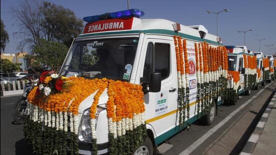 The free ambulance service was started in 2014 and can be availed of by dialling the toll-free number 108. HT File Photo