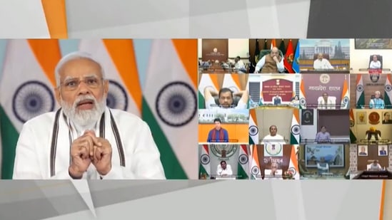 PM Narendra Modi interacts with chief ministers and senior officials of states during Covid-19 review meeting on Wednesday, April 27, 2022. (Screengrab/Delhi BJP Twitter)