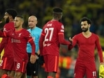 Liverpool players celebrate end of the Champions League semi-final, first leg soccer between Liverpool and Villarreal at Anfield stadium in Liverpool, England.