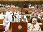 Pakistan's prime minister-elect Shehbaz Sharif speaks after winning a parliamentary vote to elect a new prime minister, at the national assembly, in Islamabad.