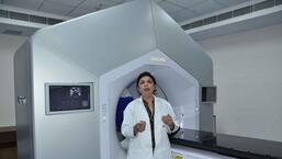 Dr Sandhya Sood from DMCH cancer care center demonstrating Halcyon E machine for radiotherapy installed in hospital campus in Ludhiana on April 28, 2022. (Harvinder Singh/HT)