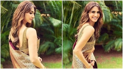 Vaani Kapoor decked up in a gorgeous traditional metallic bronze saree for her friend's wedding. She shared her photos on her Instagram handle and made fans go spellbound. (Instagram/@_vaanikapoor_)
