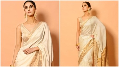 Vaani Kapoor wore a stunning golden saree by Raw Silk to collect her ‘Best Actor in a Leading Role’ award for her bold role in the film Chandigarh Kare Aashiqui where she was seen playing the role of a trans woman. (Instagram/@_vaanikapoor_) Vaani Kapoor wore a stunning golden saree by Raw Silk to collect her ‘Best Actor in a Leading Role’ award for her bold role in the film Chandigarh Kare Aashiqui where she was seen playing the role of a trans woman. (Instagram/@_vaanikapoor_)