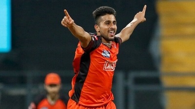 Umran Malik celebrates the dismissal of Gujarat Titans' David Miller during the Indian Premier League 2022. (ANI ) Umran Malik celebrates the dismissal of Gujarat Titans' David Miller during the Indian Premier League 2022. (ANI )