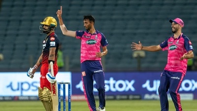 Prasidh Krishna of Rajasthan Royals celebrates the wicket of Virat Kohli of Royal Challengers Bangalore (PTI)
