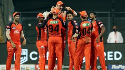 Sunrisers Hyderabad celebrate the wicket of Hardik Pandya of Gujarat Titans (PTI)