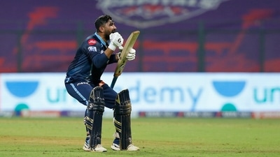 Rahul Tewatia of Gujarat Titans celebrates the team's win in the IPL 2022 match between GT and SRH (PTI)