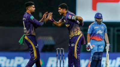 Umesh Yadav of Kolkata Knight Riders celebrates with his captain Shreyas Iyer (IPL) Umesh Yadav of Kolkata Knight Riders celebrates with his captain Shreyas Iyer (IPL)