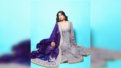 Janhvi Kapoor's embroidered royal blue anarkali set is a gorgeous pick this Eid. Since the outfit is on the heavier side, you can opt for just a pair of silver jhumkas with this look. (Instagram/@janhvikapoor) Janhvi Kapoor's embroidered royal blue anarkali set is a gorgeous pick this Eid. Since the outfit is on the heavier side, you can opt for just a pair of silver jhumkas with this look. (Instagram/@janhvikapoor)