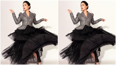 Hina played muse to fashion designer Fouad Sarkis and picked the monochrome co-ord set for the pictures. (Instagram/@realhinakhan)