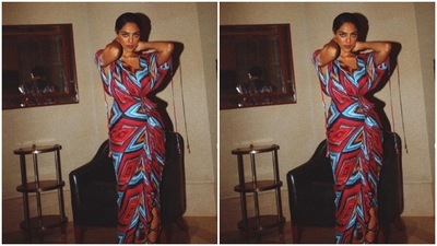 Sobhita Dhulipala gave vintage fashion a touch of her own as she posed in this multicoloured block printed gown from the shelves of Saaksha and Kinni. (Instagram/@sobhitad)