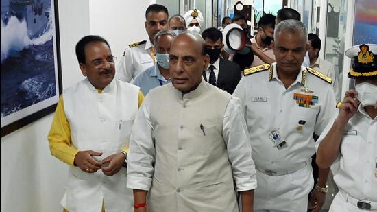 Defence Minister Rajnath Singh with Minister of State for Defence Ajay Bhatt, Chief of Naval Staff Admiral R Hari Kumar and other officials at the Naval Commanders' Conference in New Delhi on Thursday. (ANI PHOTO.)