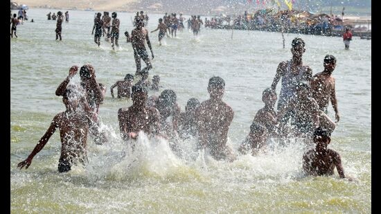 Youngsters play in the waters of Sangam to beat the scorching Sun on season’s hottest day in Prayagraj on Thursday . The city recorded a maximum temperature of 45.9 degree Celsius, the highest in Uttar Pradesh and 5 degrees above normal during the day as per the Indian Meteorological department. (Anil Kumar Maurya/HT) Youngsters play in the waters of Sangam to beat the scorching Sun on season’s hottest day in Prayagraj on Thursday . The city recorded a maximum temperature of 45.9 degree Celsius, the highest in Uttar Pradesh and 5 degrees above normal during the day as per the Indian Meteorological department. (Anil Kumar Maurya/HT)