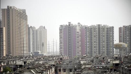 Ghaziabad, India - April 27, 2022: A view of the skyline from a residential zone in Ghaziabad, India on Wednesday, April 27, 2022. (Photo by Sakib Ali /Hindustan Times)