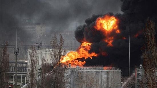 Firefighters operate at an oil refinery which caught fire following a missile attack near the port city of Odesa, amid the ongoing Russia's invasion, in Ukraine, on April 3. (REUTERS/FILE)