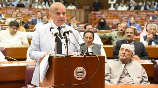 Pakistan's prime minister-elect Shehbaz Sharif speaks after winning a parliamentary vote to elect a new prime minister, at the national assembly, in Islamabad.(REUTERS)