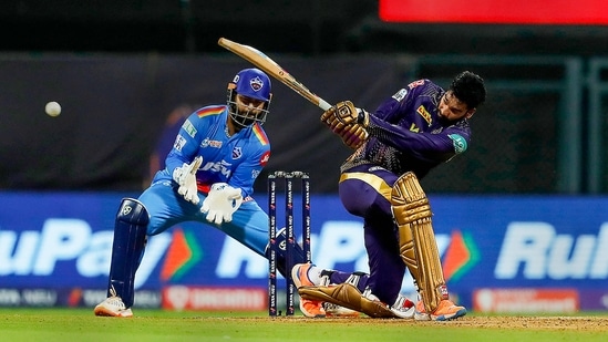 Venkatesh Iyer of Kolkata Knight Riders plays a shot against Delhi Capitals(IPL)