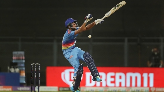 Lalit Yadav of Delhi Capitals gets hit by a delivery from Umesh Yadav of Kolkata Knight Riders(IPL)