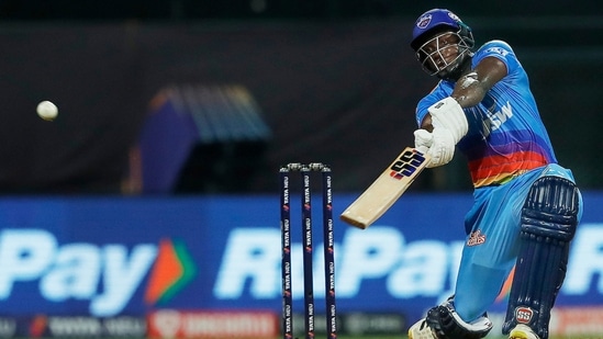 Rovman Powell of Delhi Capitals hits a four against Kolkata Knight Riders(IPL)