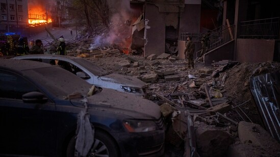 Emergency services arrive in the area following an explosion in Kyiv, Ukraine on Thursday, April 28, 2022.(AP)