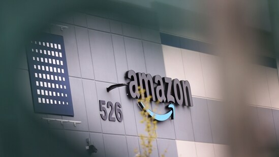 An Amazon signage is seen on the LDJ5 Amazon Sort Center on April 25, 2022 in New York City. Michael M. Santiago/Getty Images/AFP(AFP)