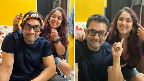 Aamir Khan poses with daughter Ira Khan after doing her make-up.&nbsp;