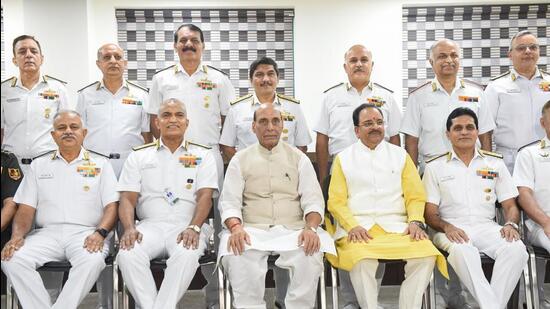 Union defence minister Rajnath Singh, MoS defence Ajay Bhatt, chief of the naval staff R Hari Kumar and others during the Naval Commanders Conference 2022, in New Delhi on Thursday. (PTI)