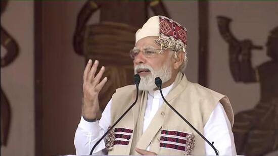 Prime Minister Narendra Modi speaking at Loringthepi in Assam’s Karbi Anglong. (PTI)