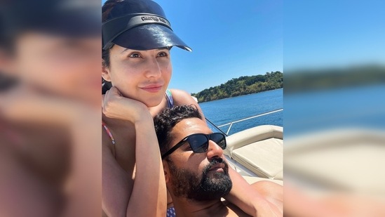In one of the pictures, Katrina Kaif and Vicky Kaushal can be seen soaking in the sun on their yacht. Vicky rests his head on his wife's lap and captures the moment.(Instagram/@katrinakaif)