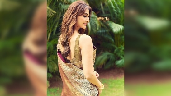 Vaani Kapoor teamed her rustic coloured saree with a sleeveless bronze blouse featuring an open back.(Instagram/@_vaanikapoor_)