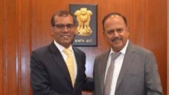 Former Maldives president and speaker of the Maldivian Parliament Mohamed Nasheed with NSA Ajit Doval on Thursday.