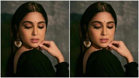 Assisted by makeup artist Shefali Sharma, Sharvari decked up in nude eyeshadow, black winged eyeliner, mascara-laden eyelashes, black kohl, drawn eyebrows, contoured cheeks, a shade of nude lipstick and a small black bindi.(Instagram/@sharvari)
