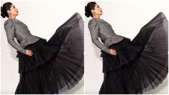 Hina paired a grey blazer with dramatic sleeves with a tulle flared black skirt.(Instagram/@realhinakhan)