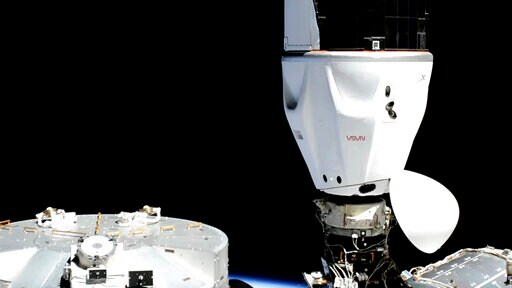 In this image provided by SpaceX, the Crew Dragon capsule is docked at the International Space Station, on Wednesday, April 27, 2022. (SpaceX via AP) In this image provided by SpaceX, the Crew Dragon capsule is docked at the International Space Station, on Wednesday, April 27, 2022. (SpaceX via AP)