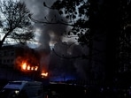 Fire burns in a building after a shelling, amid Russia's invasion of Ukraine, in Kyiv, Ukraine April 28, 2022. REUTERS/Zohra Bensemra