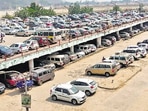 A packed multi-storey parking in Haridwar, on Friday. (HT PHOTO)