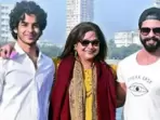 Neliima Azeem with her sons Ishaan Khatter and Shahid Kapoor. Neliima Azeem with her sons Ishaan Khatter and Shahid Kapoor.